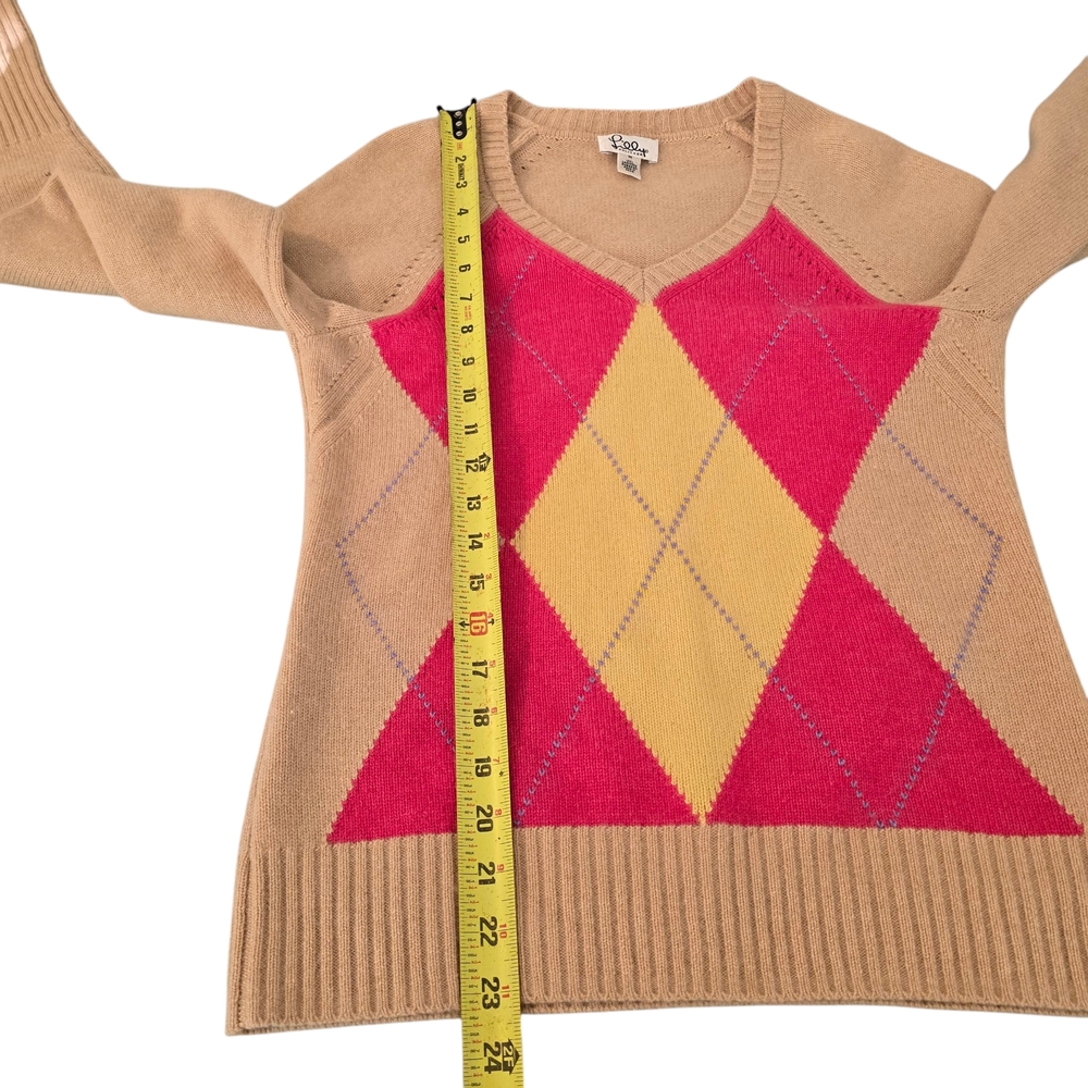 Lilly Pulitzer Cashmere Red and Tan Yellow Crew Neck Sweater with Argyle Pattern - Picture 8 of 9